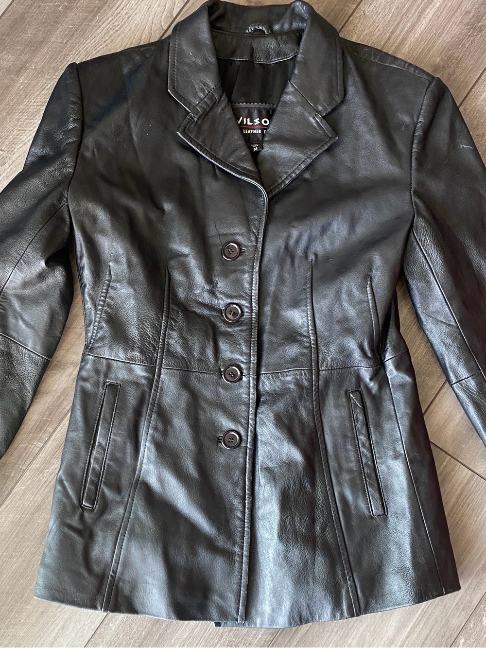 Wilsons Women's Black Leather Lined Button Jacket w/ Pockets Mid-Length Size M